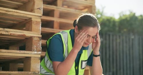 Stress, engineer and person at construction site with headache, frustrated