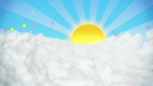 Cheerful Cartoon Sky Background with Rising Sun and Floating Stars