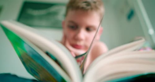 Boy Reads a Book Indoors, Close Up