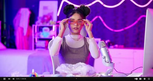 Woman, portrait and microphone for podcast as influencer at home for social media or website