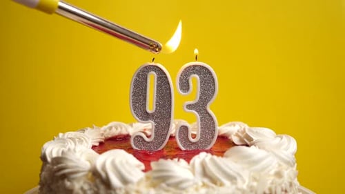 93. A candle in the form of the number 93, inserted into the holiday cake, is lit. Celebrating a bir