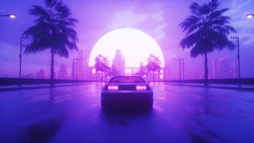 Car Riding On Endless Road With Cityscape View Synth Wave Background Loop