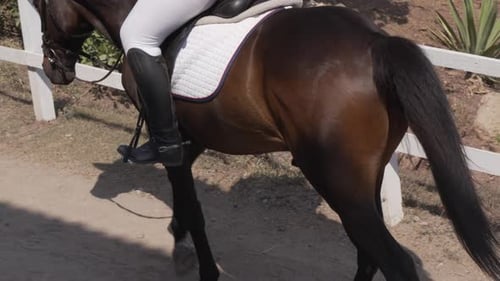 woman riding brown horse at equestrian competition ranch. Close up. 4k 60 fps