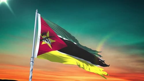 Waving Flag of Mozambique in Realistic Animation at Sunset