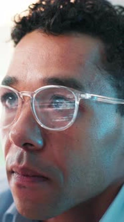 Man, glasses and computer with stress for coding, software development and problem solving
