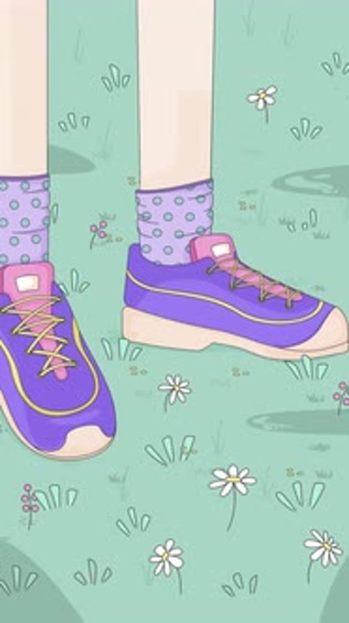 Legs in sneakers in flower field lofi vertical animation