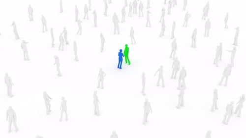 Group of People are Standing on a White Background in the Center of Blue and Green People Talking to