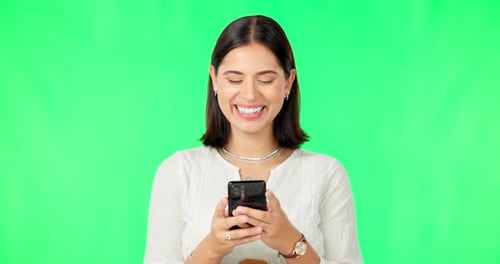 Happy woman, smartphone and typing on green screen, studio and social media post of funny meme