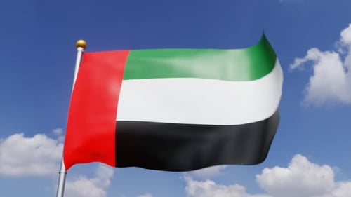 Realistic United Arab Emirates Flag Waving Against Blue Sky