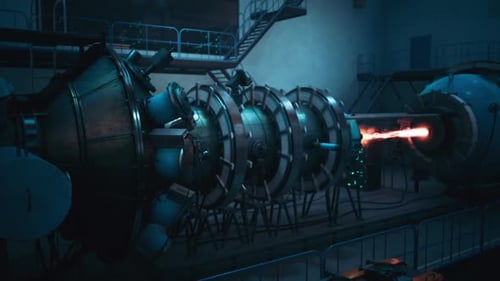 Futuristic Sci-Fi Energy Generator with Plasma Beam in Dark Lab