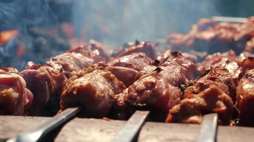 Succulent Meat Skewers Cooking Over Open Fire