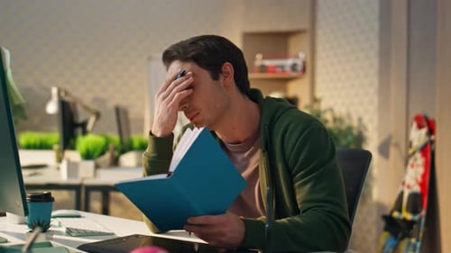 Nervous Businessman Videocalling Computer Office Stressed Man Fixing Mistakes