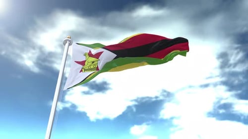 Waving Flag of Zimbabwe in Blue Sky