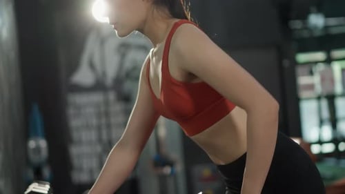 Asian young sport woman exercising to building muscle in gym stadium.
