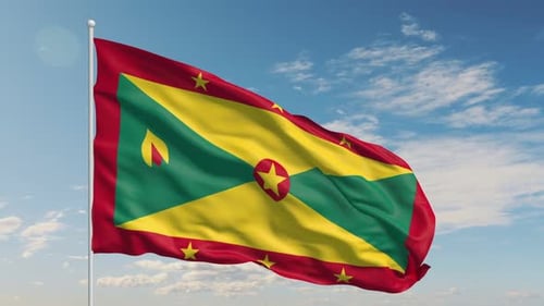 Grenada Flag Waving on Pole with Blue Sky Background