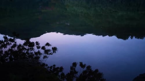 Trees reflection on calm lake on Peneda - GerĂŞs National park . Lake view at sunset, afterglow in th