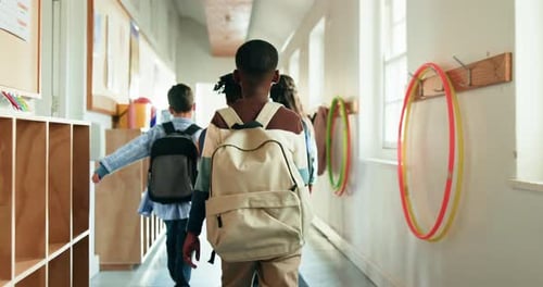 Walking, education and back of students in school for knowledge, study period and learning