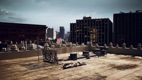 Dramatic Urban Rooftop Panorama Over City Skyline