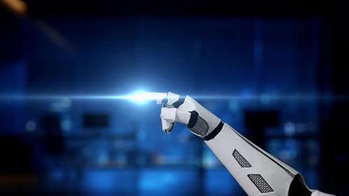 Main robotique futuriste interagissant avec une interface IA multilingue représentant différentes langues et