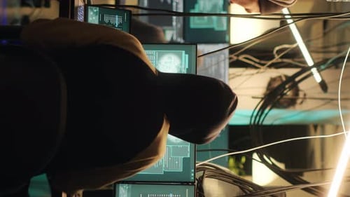 Young adult coding at computer, vertical video