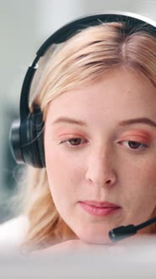 Headset, talking and business woman in office for online advice, crm support and consulting