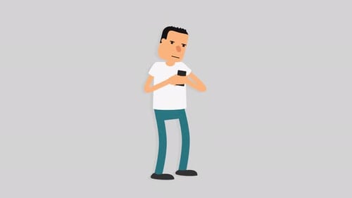 Flat Design Cartoon Man Waiting with Smartphone