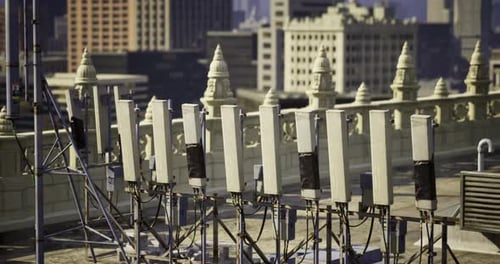 Rooftop Communication Equipment on a City Building During Daylight Hours