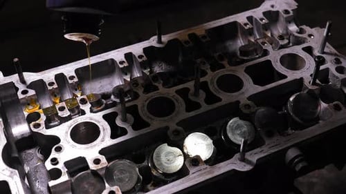 Mechanic pouring oil into engine valves