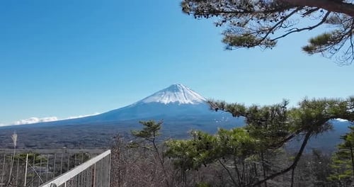 Clear sky view over Mt. Fuji from another mountain right opposite Mt Fuji. Showing the snow peak of