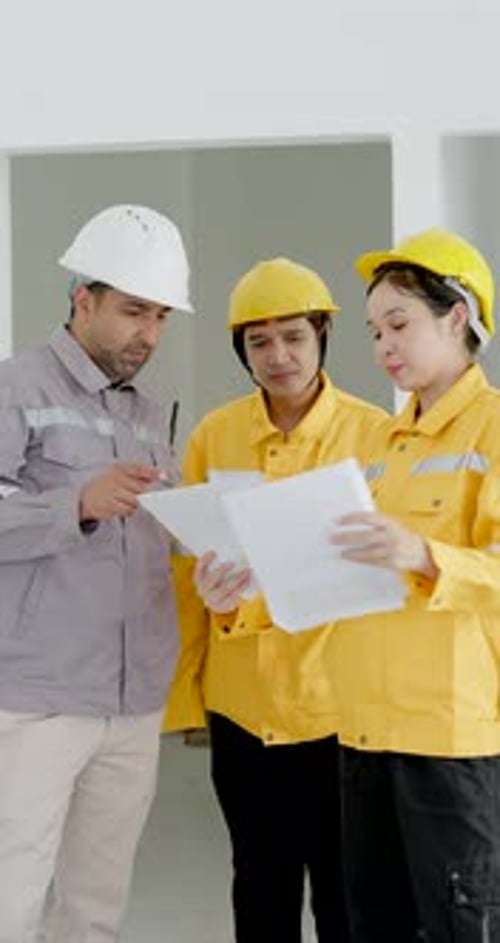 Asian engineer team reviews site document during indoor construction meeting, woman contractor