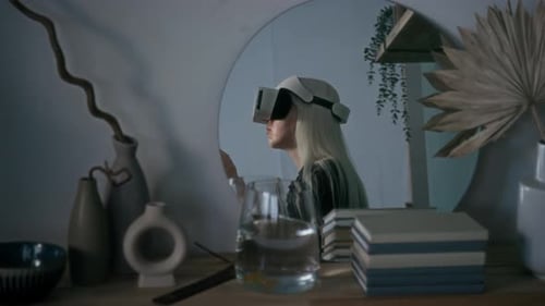 Woman Using Virtual Reality Headset in Modern Home