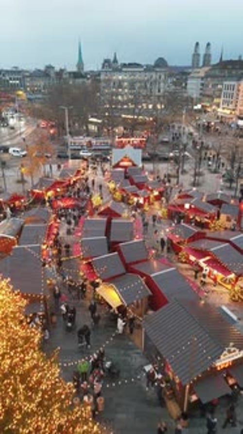 Zurich, Switzerland Aerial view of the Zurich Christmas Market, the Weinachsdorf