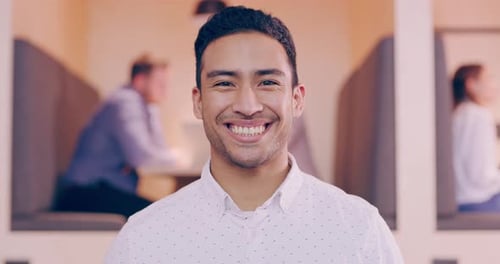 Smiling Young Adult in Office Workplace Close Up