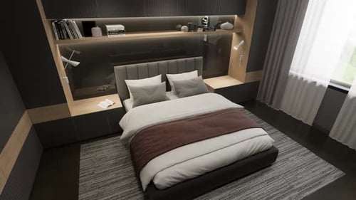 3D rendering. The camera flies around the bedroom in a minimalist style.