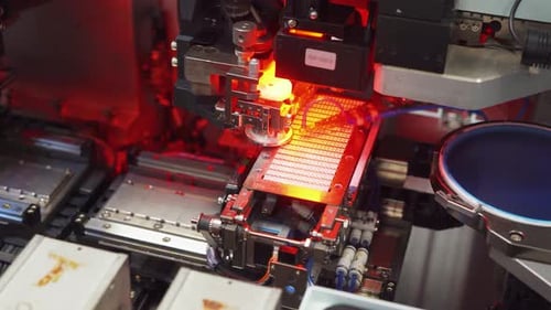 Automated Robotic Machine Assembling Microchips in Factory