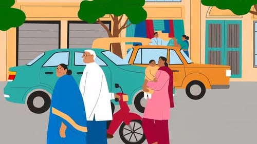 Indian City Street with Indian People Walking & Riding Auto-Rickshaws & Scooters, Indian lifestyle