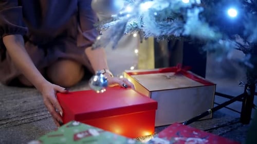 Woman Placing Christmas Gifts Under Decorated Tree