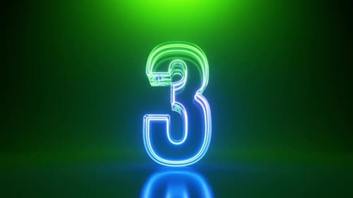 Blue green neon glass numbers glow in the dark, counting from one to ten.