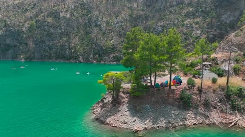 Aerial View Exploring the Green Canyon on Paddleboards People Enjoy a Summer Day in Nature