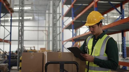 Blue collar workers are working at warehouse.