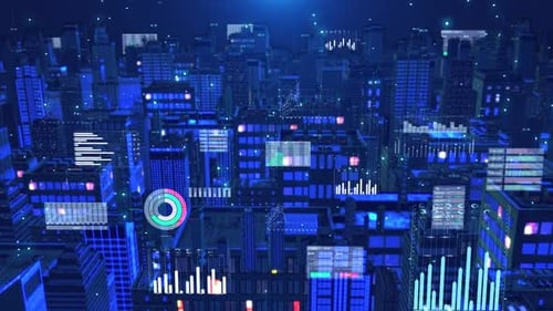 Futuristic Smart City with Holographic Data Interface Animation