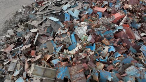 Pile of scrap metal at a recycling plant, Aerial view