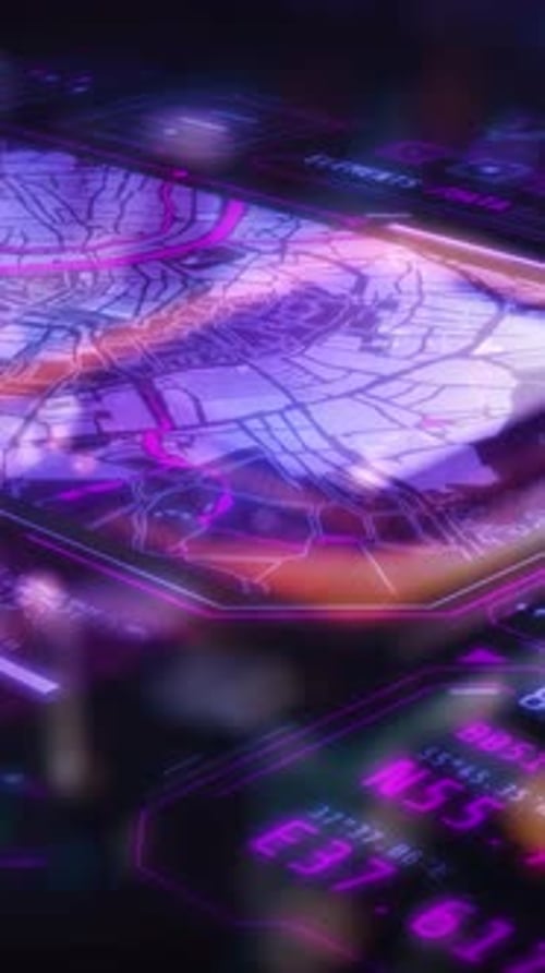 Futuristic Neon Map Interface with Digital Data Display
