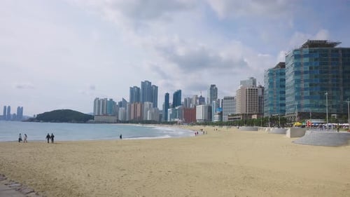 Haeundae Beach and City Establishing Shot of Busan Waterfront in South Korea