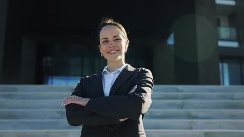 Horizontal View of Young Cute Caucasian Business Woman Smiling at Camera Working Day Portrait of