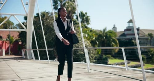 Business, black woman and travel to work in city for corporate job, morning and commute to office