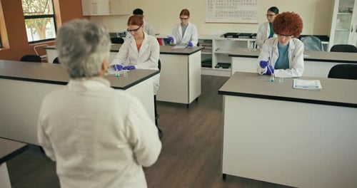 University, science question and teacher with students in classroom for learning