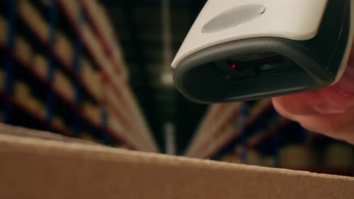 Scanner Scan Delivery Box in Storage Ecommerce Shop Man Packing Goods and Clothes Second Hand