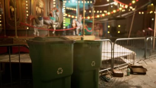 Empty Amusement Park at Night with Illuminated Carousel and Recycling Bins