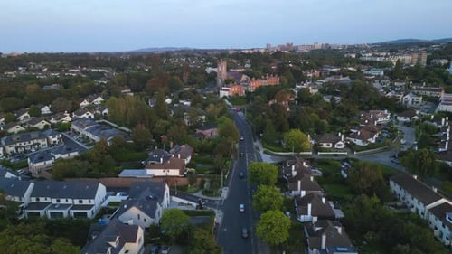 aerial view of Taney Road in Dundrum during rush hour with Christ Church, Taney Parish church in the